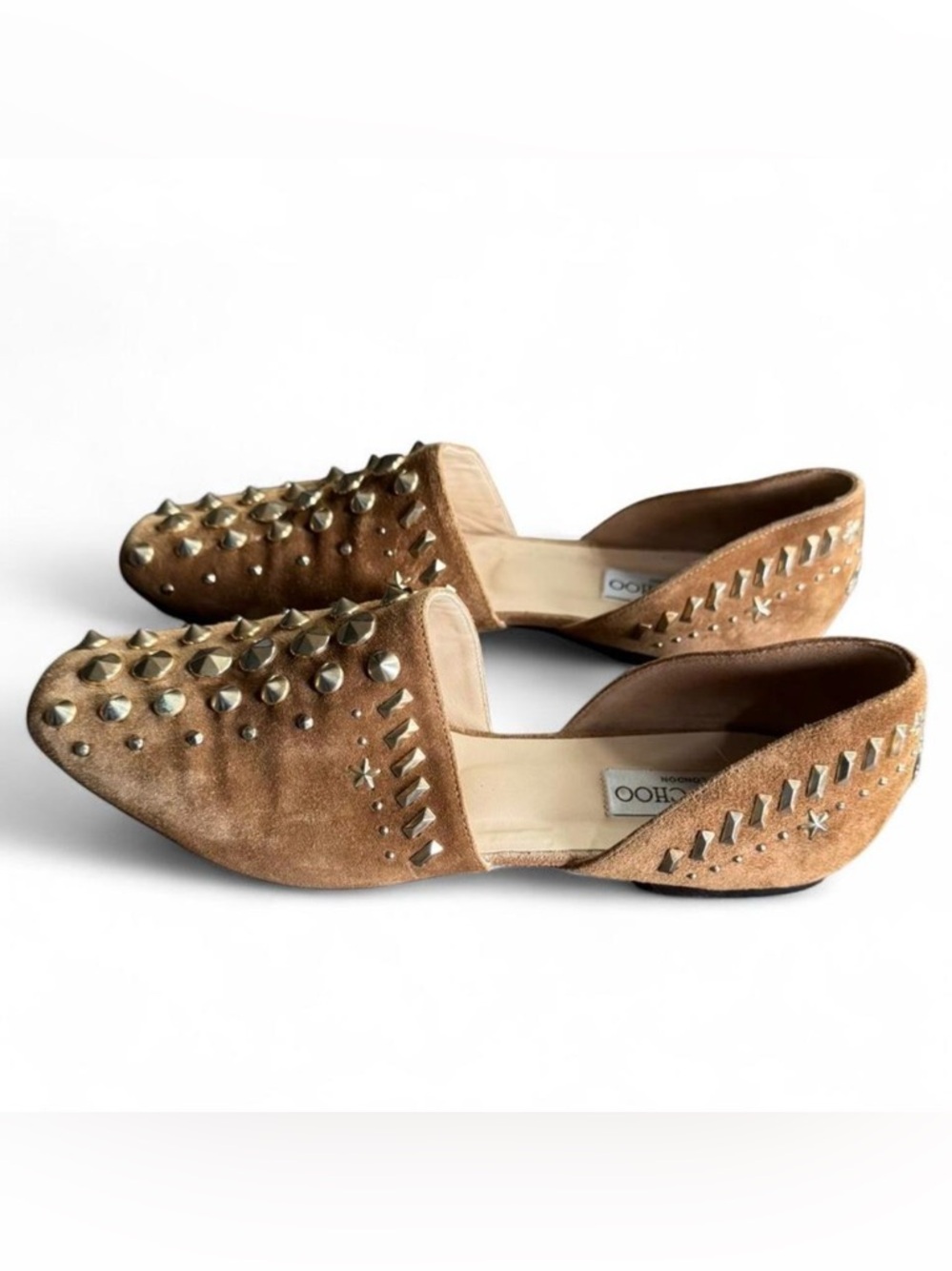 Jimmy Choo Studded Suede Mules Tan Leather Flats Pointed Toe Loafer 8.5 Edgy - Picture 4 of 8